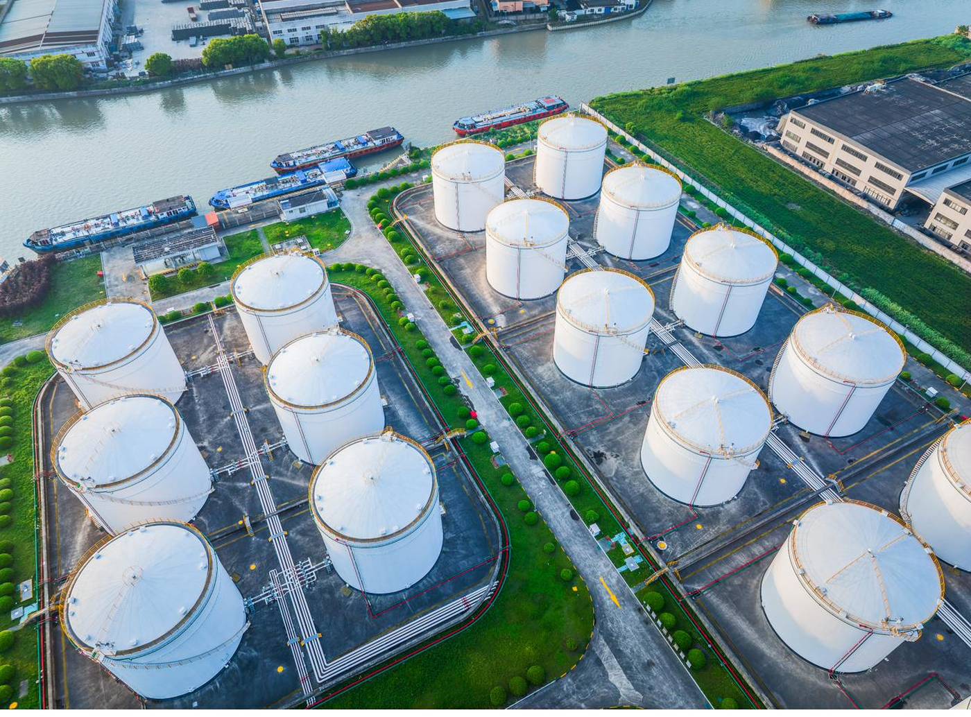 Aerial view of bulk liquid storage tanks